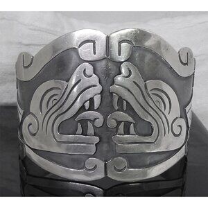 Vintage Mexican Sterling Silver Wide Cuff Bracelet Mayan Kukulkan Signed VGV 2oz